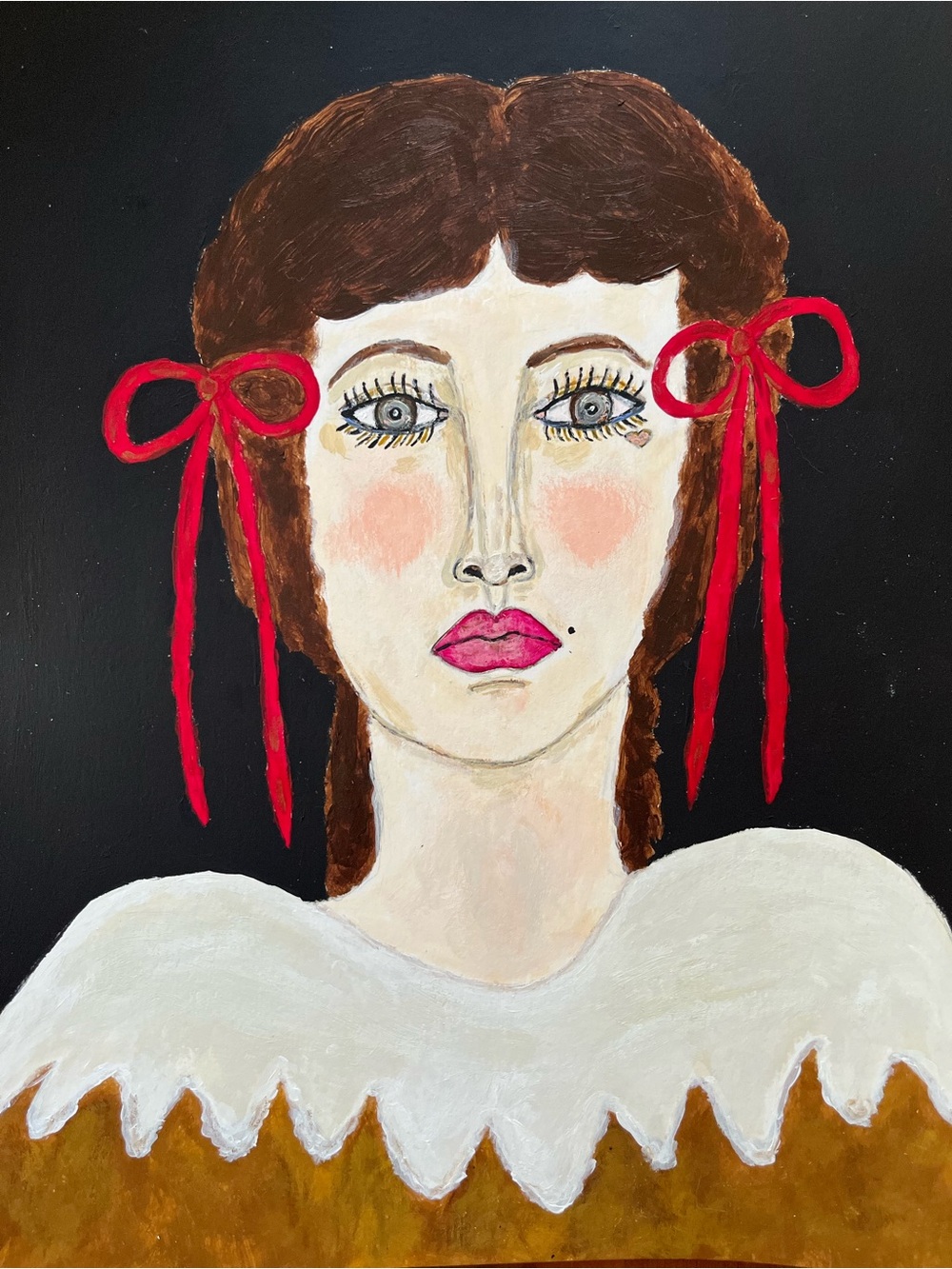 Original art portrait painting of a woman with red bows